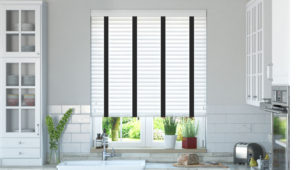 White Faux Wood Blind with Black Tapes