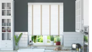 White Faux Wood Blind with Cream Tapes