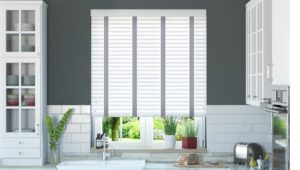 White Faux Wood Blind with Grey Tapes